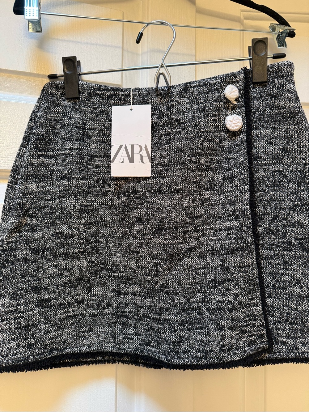 ZARA Black & White Tweed Mini Skirt with Decorative Buttons